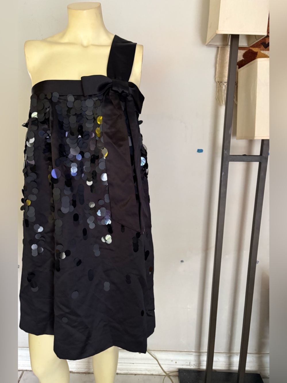 kate spade Black One-Shoulder Sequin Mini Dress with Bow Size 4